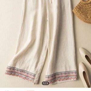 SHEIN Cream Wide Leg Linen Pants with Embroidered Hem